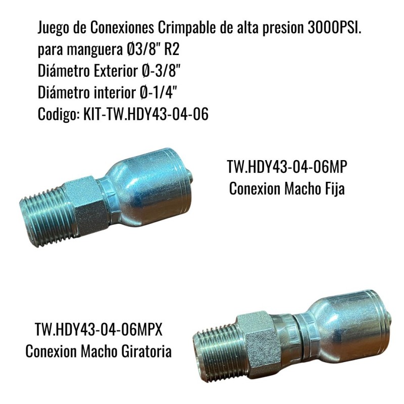 Kit de conexiones Crimpable para manguera de alta presion Ø3/8, R2